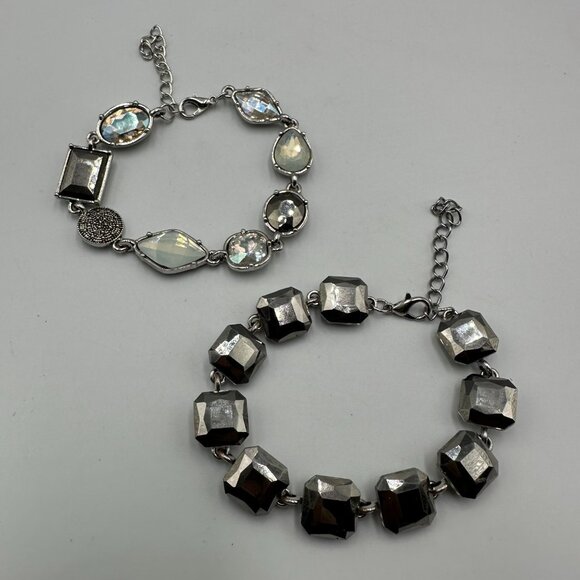 Lot of 2 Bracelets Silver Tone Faceted Rhinestone Link Adjustable Chain Clasp - Picture 5 of 10